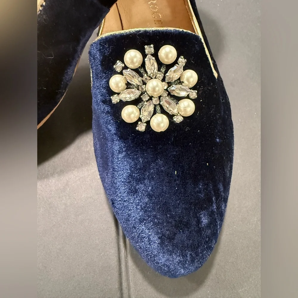 Jack Rogers Jeweled Rondelle Loafer Sz 6 Blue Velvet Rhinestone Pearl Stunning - Picture 2 of 10